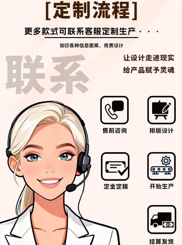 定制流程：售前咨询、排版设计、定金定稿、开始生产、结算发货
