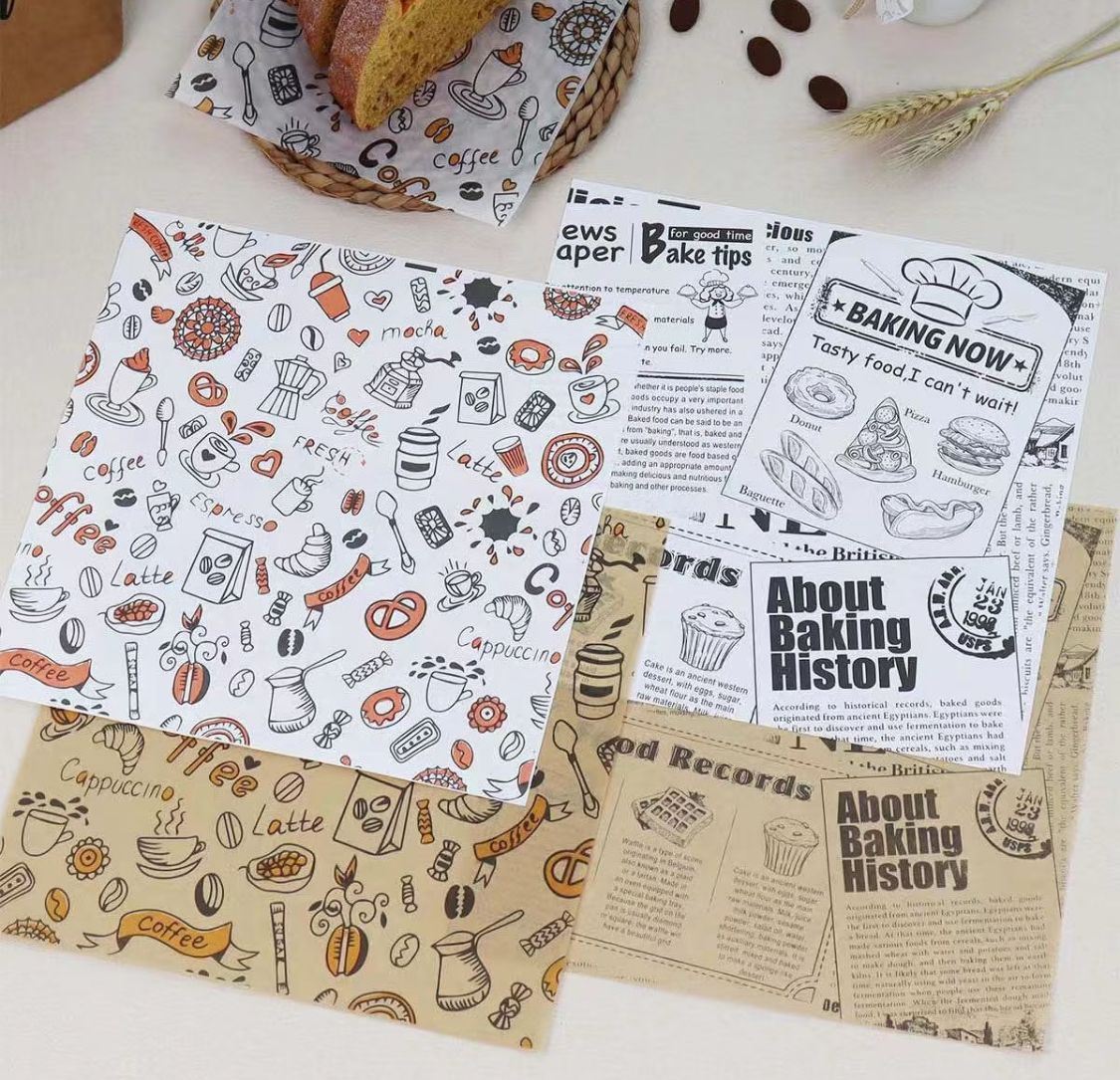 Printed greaseproof papers with bread and coffee beans